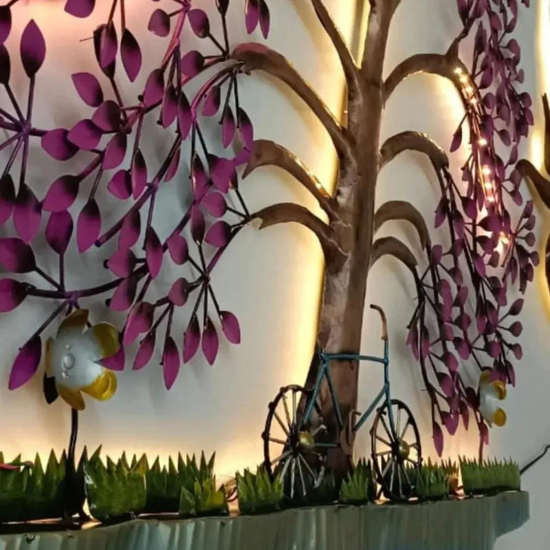Metallic Cycle under Purple Leaves Tree with LED Lights (36"×50") - Large Metal Wall Decor Item