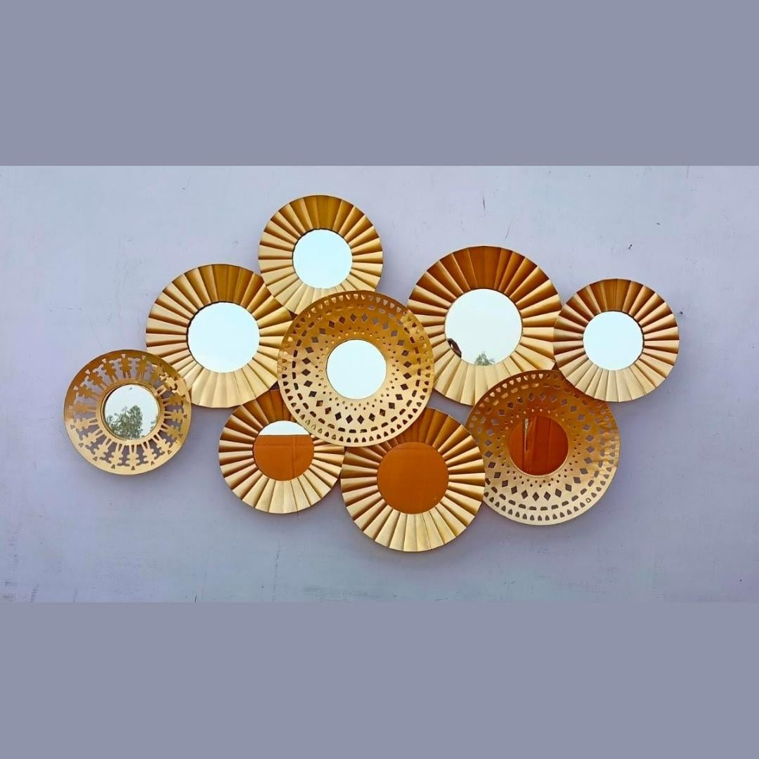 Desert-Inspired Metal Wall Art: Round Mirrors with Broad Golden Wall Decor (48×24 Inches)