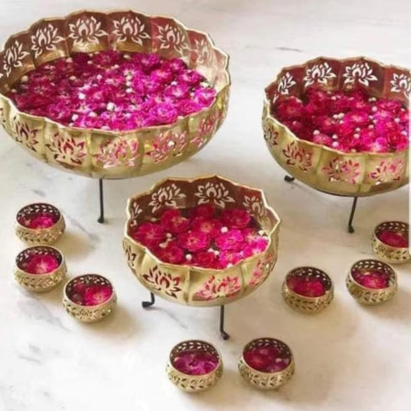 Golden Big Lotus Uril with Bowl Tlights for Home Decoration, Wedding Decoration, Festive Decoration (Set of 12)