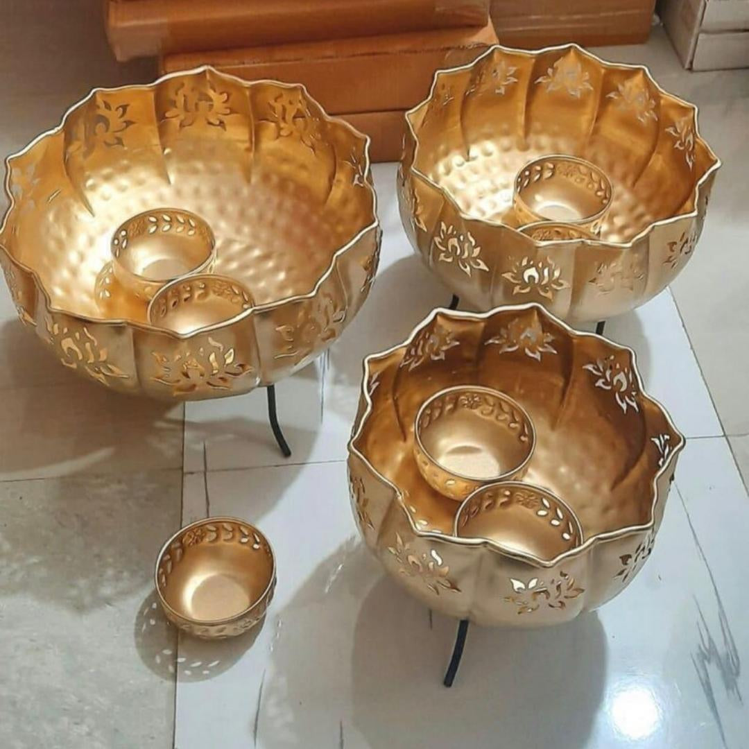 Golden Big Lotus Uril with Bowl Tlights for Home Decoration, Wedding Decoration, Festive Decoration (Set of 12)