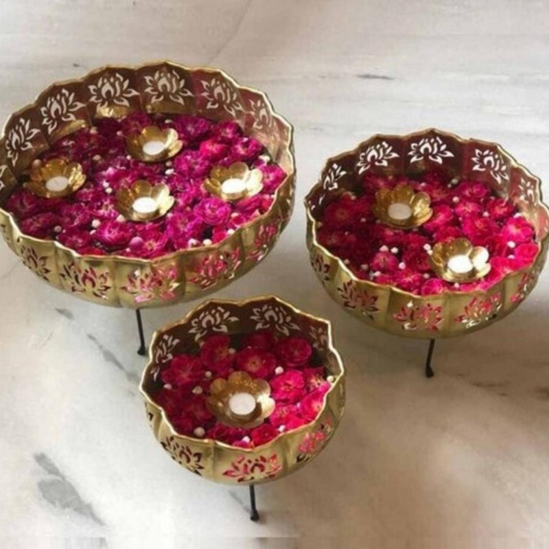 Golden Big Lotus Uril with Bowl Tlights for Home Decoration, Wedding Decoration, Festive Decoration (Set of 12)