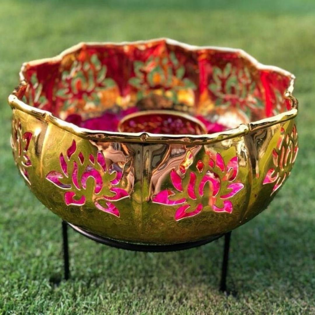 Golden Big Lotus Uril with Bowl Tlights for Home Decoration, Wedding Decoration, Festive Decoration (Set of 12)