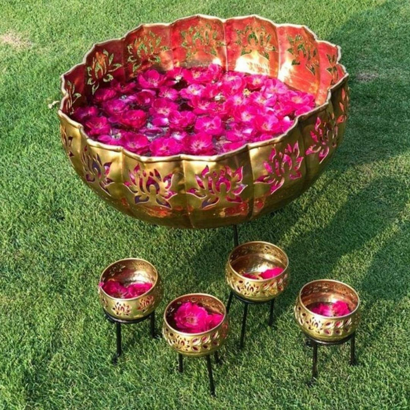 Golden Big Lotus Uril with Bowl Tlights for Home Decoration, Wedding Decoration, Festive Decoration (Set of 12)