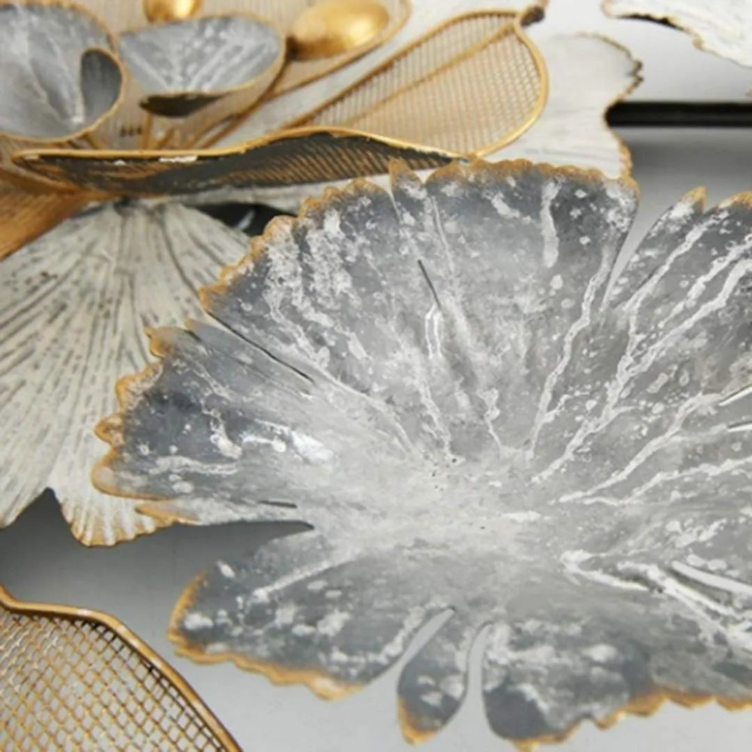 Big Light Blueish Grey & Golden Metal Floral Wall Art (48x24 Inches)