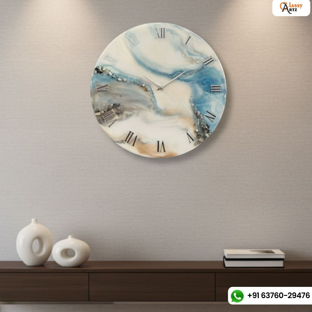 Grey And Blue Abstract Epoxy Resin Wall Clock