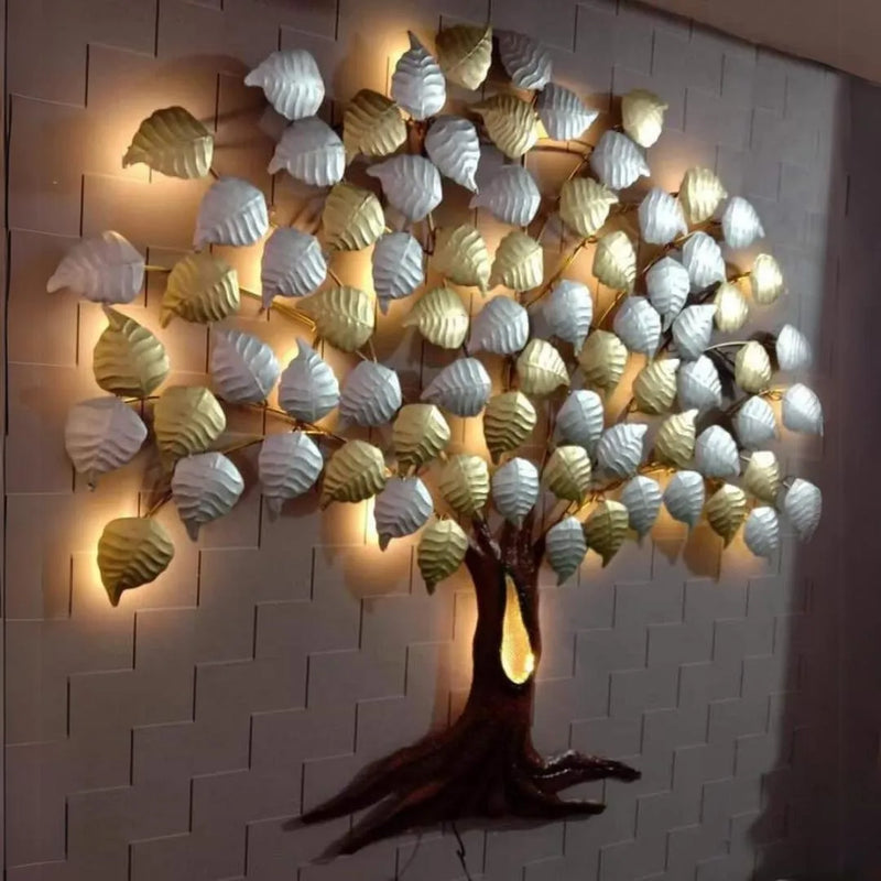 Designer Metal Wall Art: Handcrafted Golden & Silver Leafy Metallic Tree with LED Lights - Grand Wall Decor (Size-50×32 Inches)