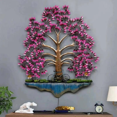 Metal Wall Art with Metallic Cycle Under Purple Leaves Tree  (36"×50")