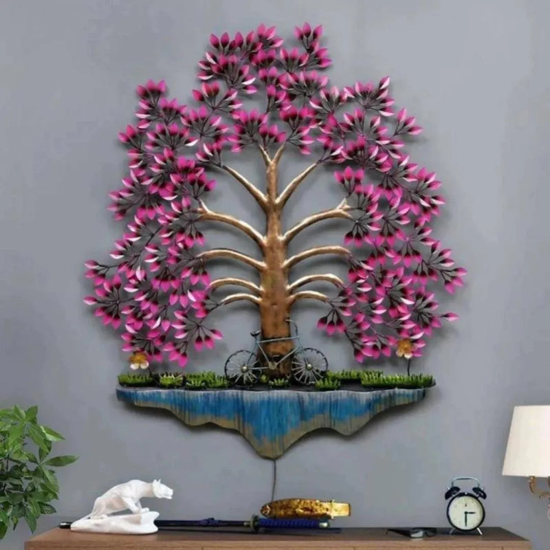 Metal Wall Art with Metallic Cycle Under Purple Leaves Tree  (36"×50")