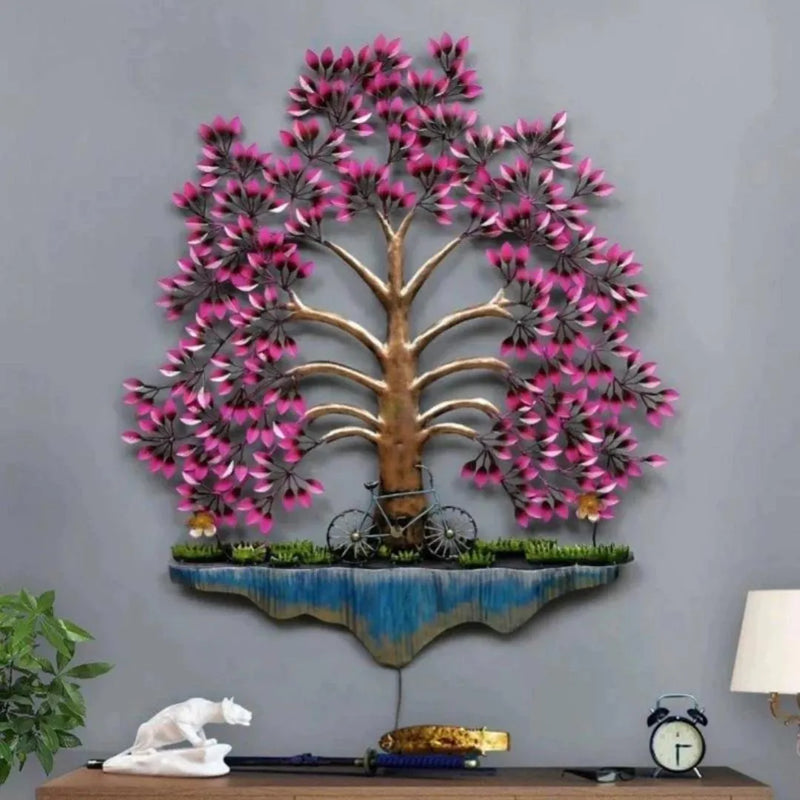 Metallic Cycle under Purple Leaves Tree with LED Lights (36"×50") - Large Metal Wall Decor Item