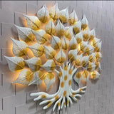 White Golden Leaf Tree Metal Wall Art with LED Lights (48"×48")