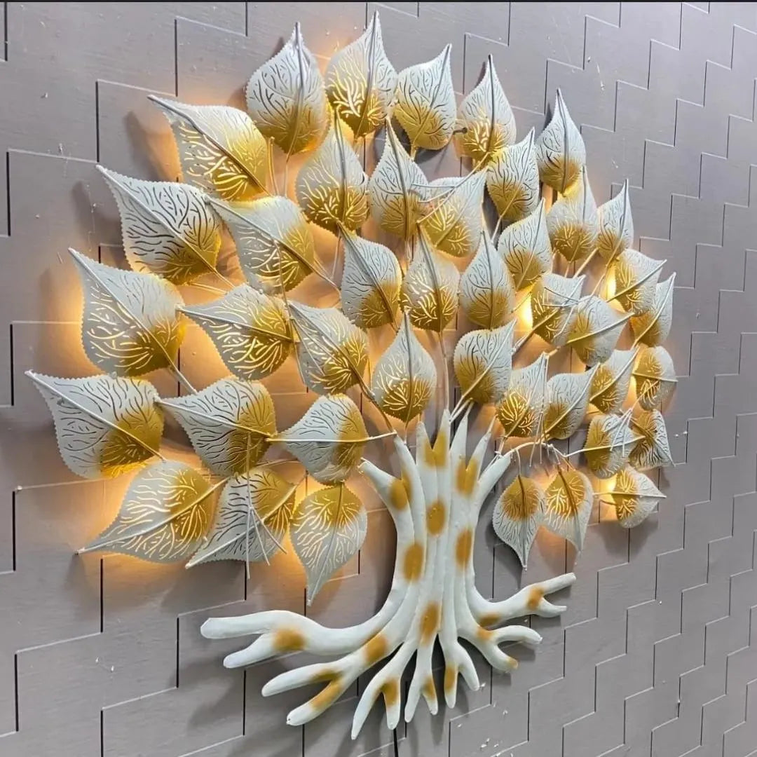 White Golden Leaf Tree Metal Wall Art with LED Lights (48"×48")