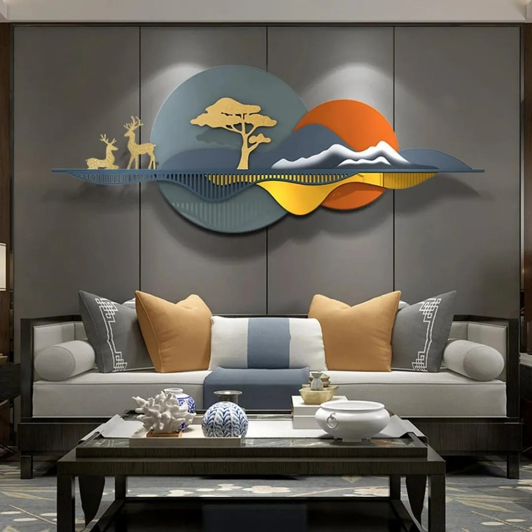 Sunset Mountain & Deer Metal Wall Art (52×24 Inches)