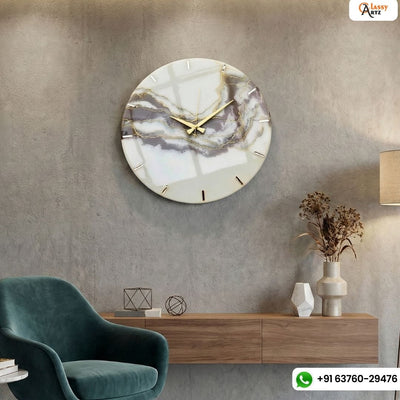White Marble Resin Wall Clock with Purple Veins and Gold Hands