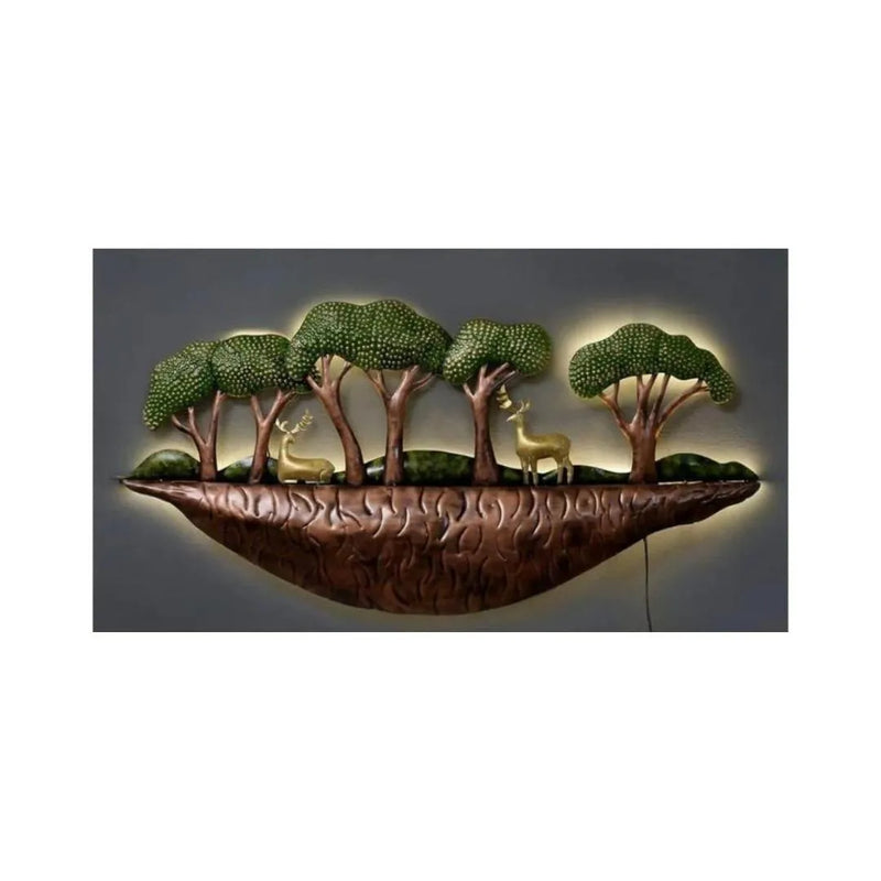 Handmade LED-Lit Landscape View with Deer in Forest - Metal Wall Art for Home (48×16 Inches)