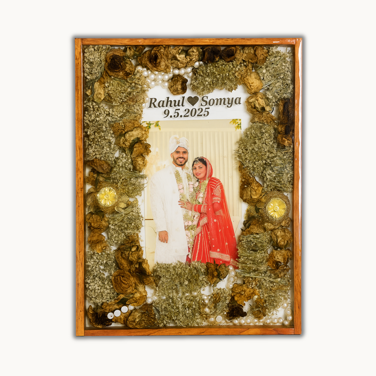 Golden Varmala Frame with Couple Photo and Names, view 4