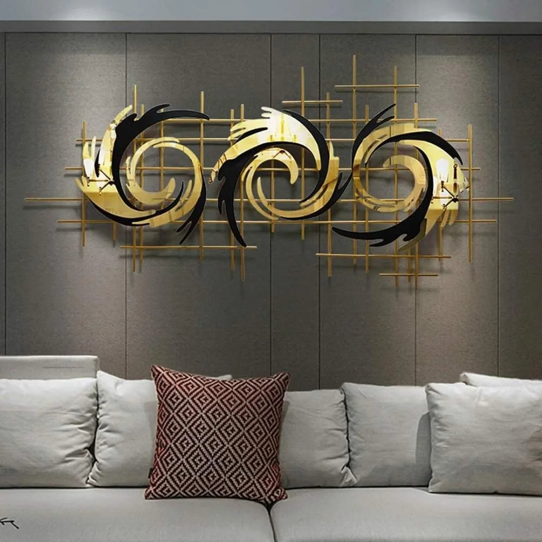 Stunning Metal Wall Art: Black Spiral Illusion with Golden Dragons - Contemporary Decorative Excellence