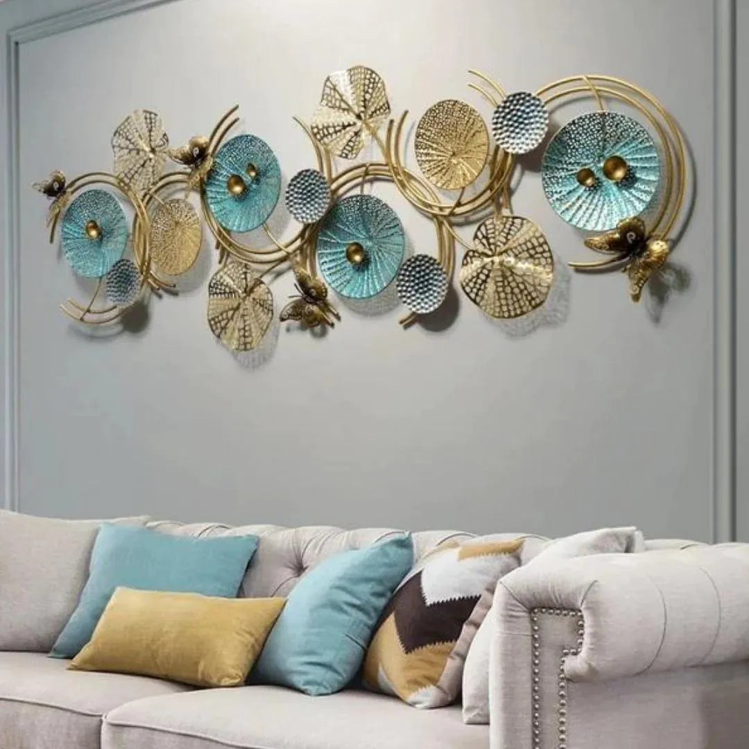 Luxury Blue & Gold Round Metal Wall Art (52×22 Inches)