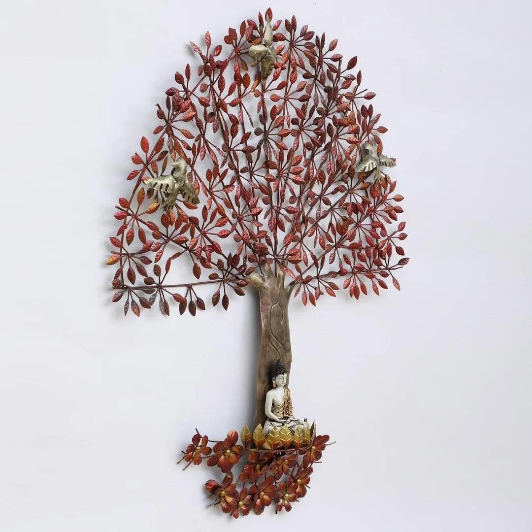 Large Reddish Leafy Tree Metal Wall Art with Buddha Idol