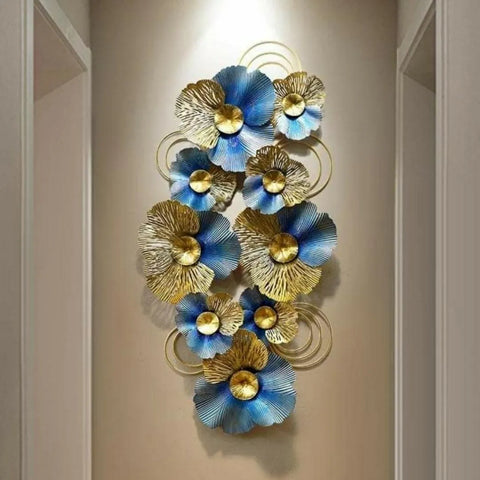 Metal Blue & Golden Flowers Decorative Wall Art (48×24 inches)