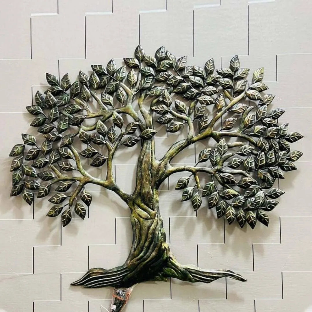 Handcrafted LED Metal Wall Art: Elegant Carved Dark Leaves Tree Sculpture - Illuminate Your Home Decor (Size-38×31 Inches)