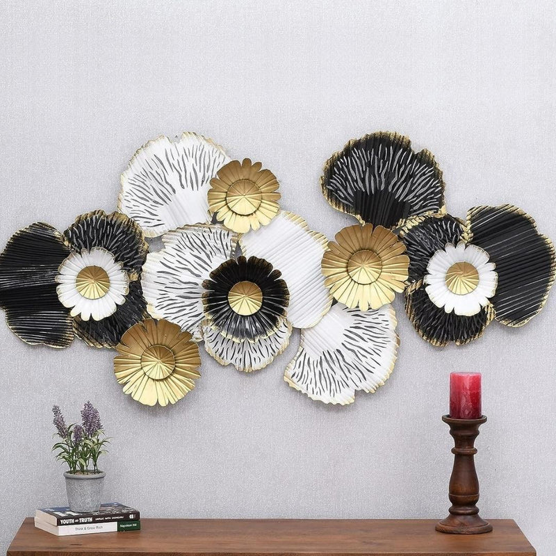 Stunning Metal Wall Art/ Abstract Leaf Design in Black and White with Central Circular Rings/ (48×24 Inches)