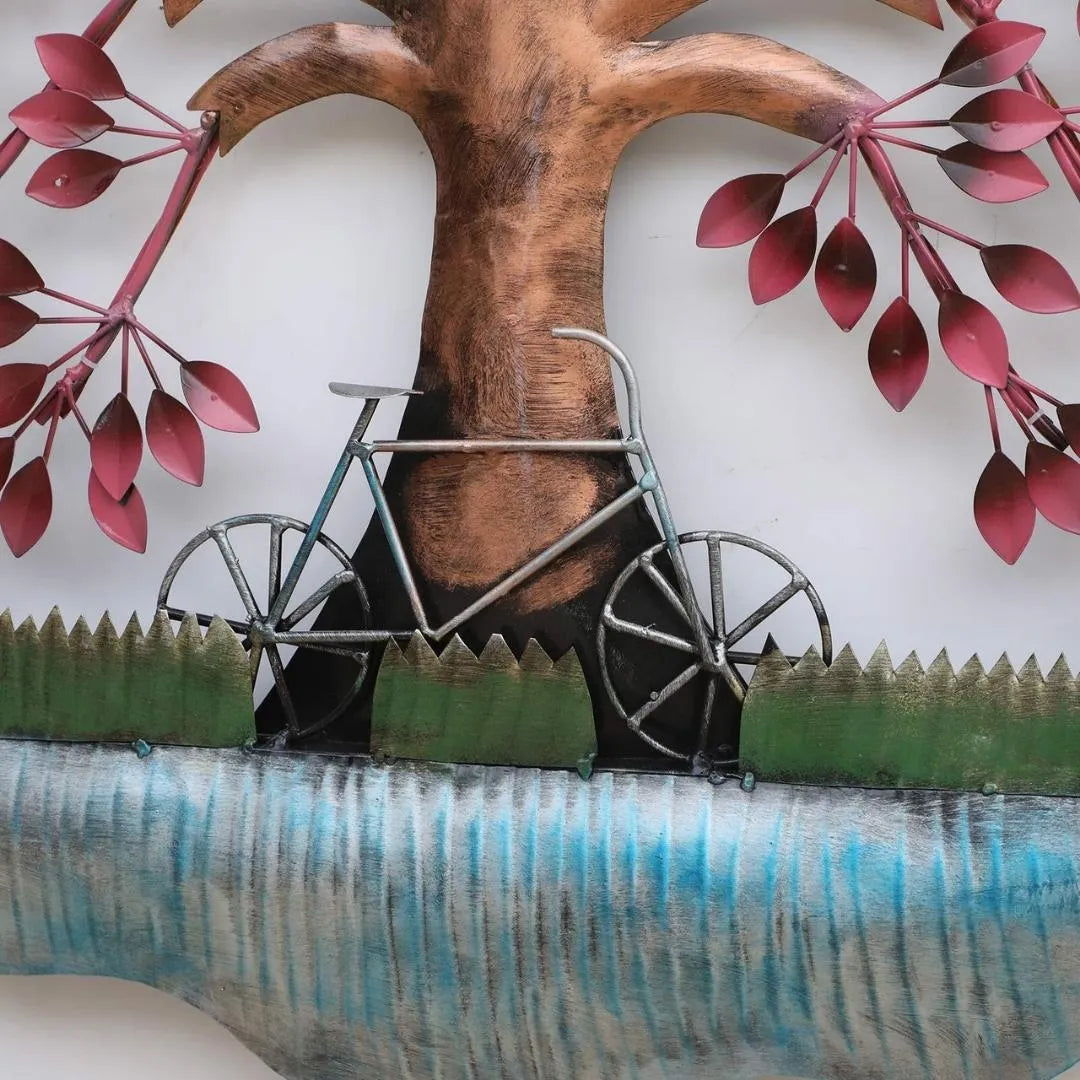 Metal Wall Art with Metallic Cycle Under Purple Leaves Tree  (36"×50")