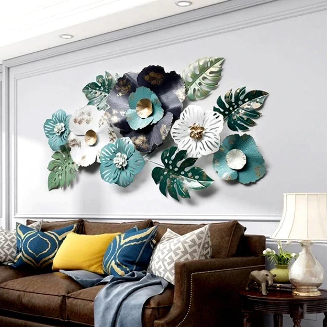 Stunning Blue & White Wild Floral Metal Wall Art Decor - Large Iron Wall Hanging (48×24 Inches)
