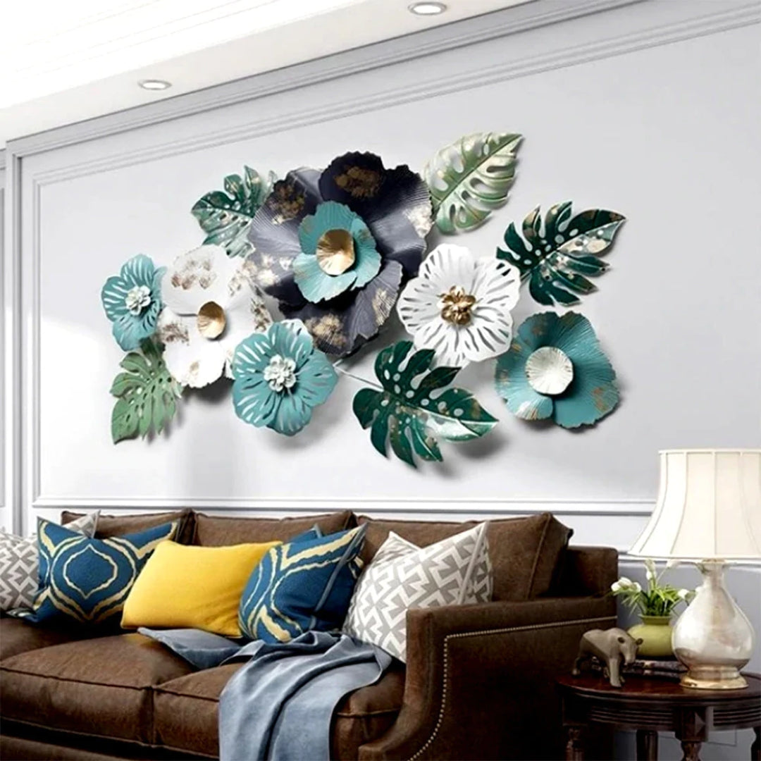 Elegant Blue & White Wild Floral Metal Wall Art Decor (48×24 Inches)