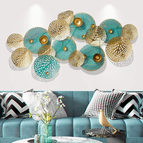 Three-Dimensional Blue & Golden Flowers Metal Wall Art 60×30 Inches)