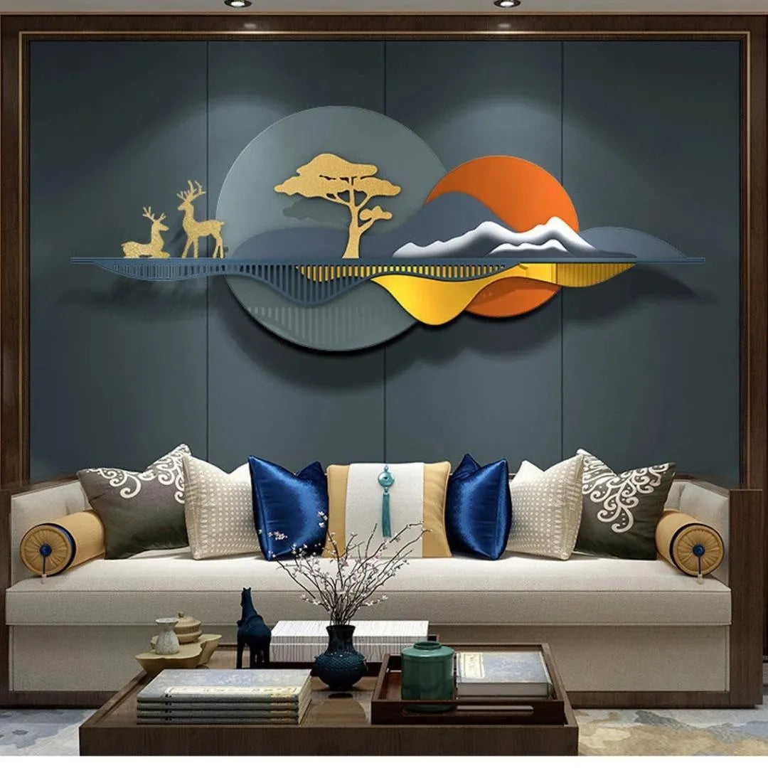 Sunset Mountain & Deer Metal Wall Art (52×24 Inches)