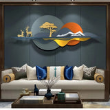 Sunset Mountain & Deer Metal Wall Art (52×24 Inches)