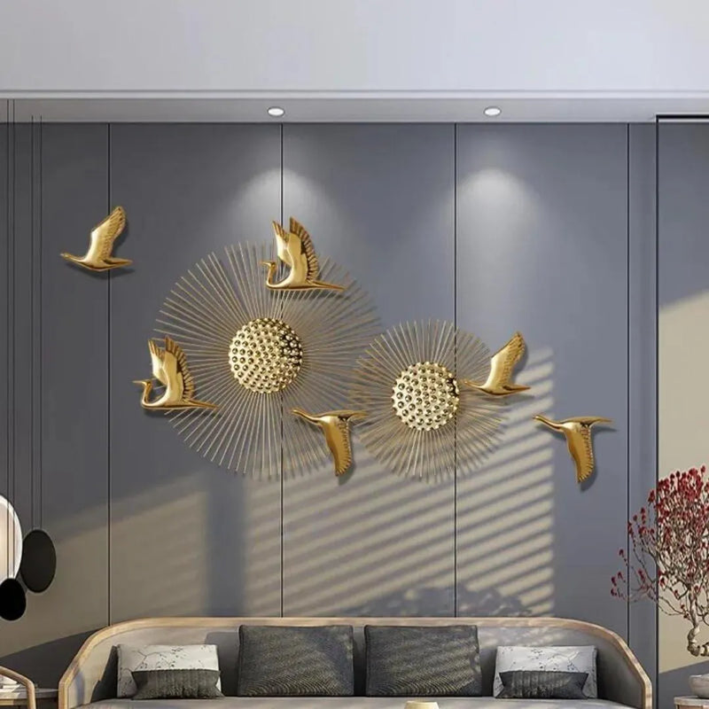Stunning Golden Birds and Sunflowers Wall Art: Elegant Aluminium Decorative Sculpture (Size-80×27 Inches)