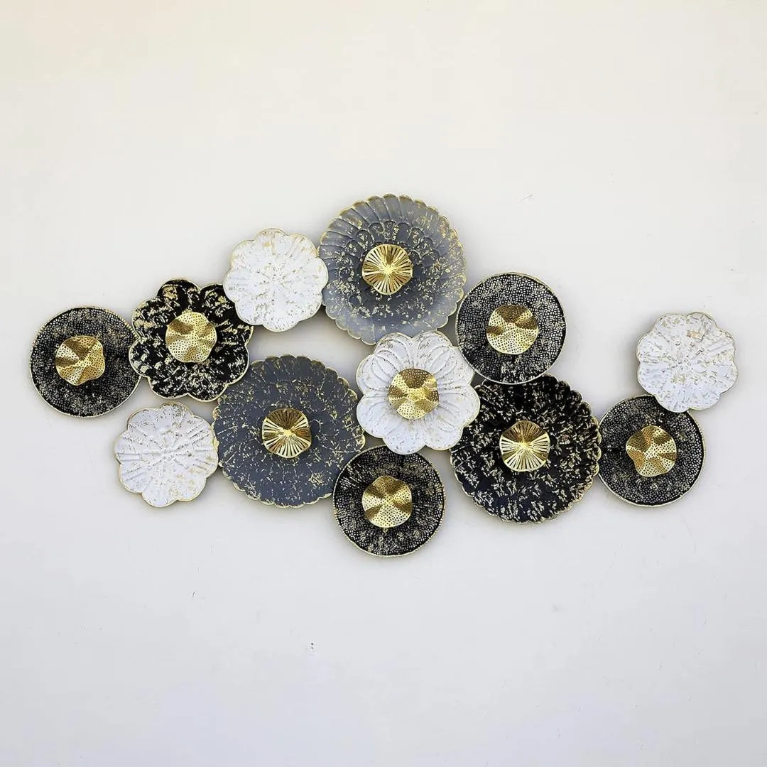 Golden & Grey Floral Circles Metal Wall Art (60×30 Inches)