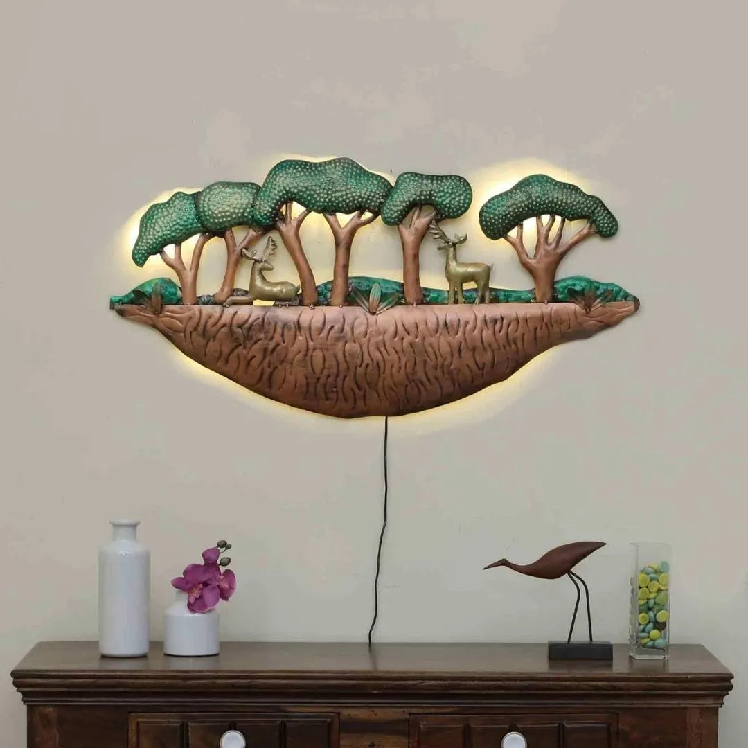 Handmade LED Metal Deer and Forest Wall Art (48×16 Inches)