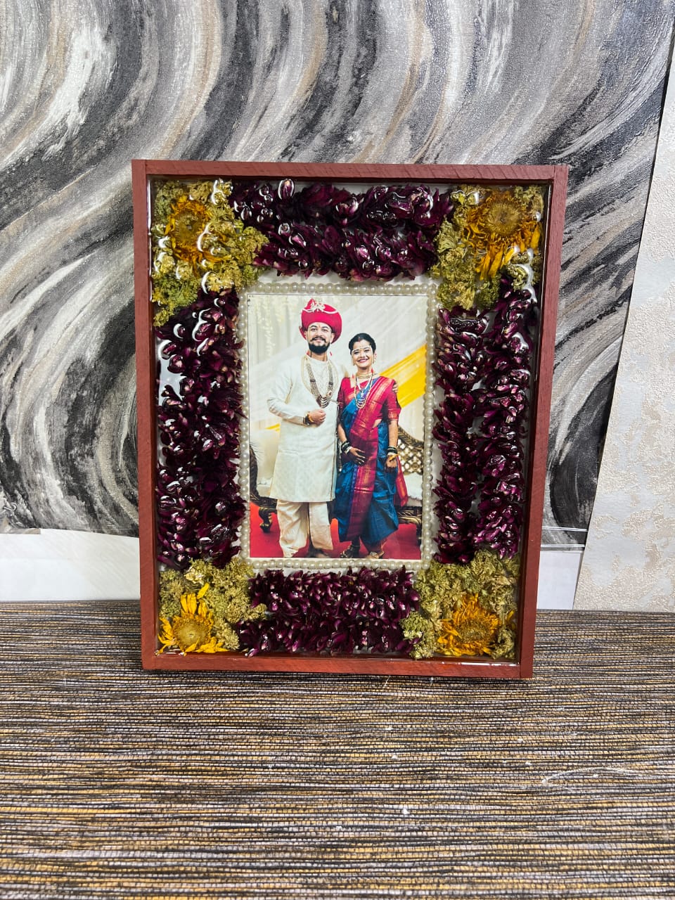 Teakwood Varmala Preservation frame with Photo