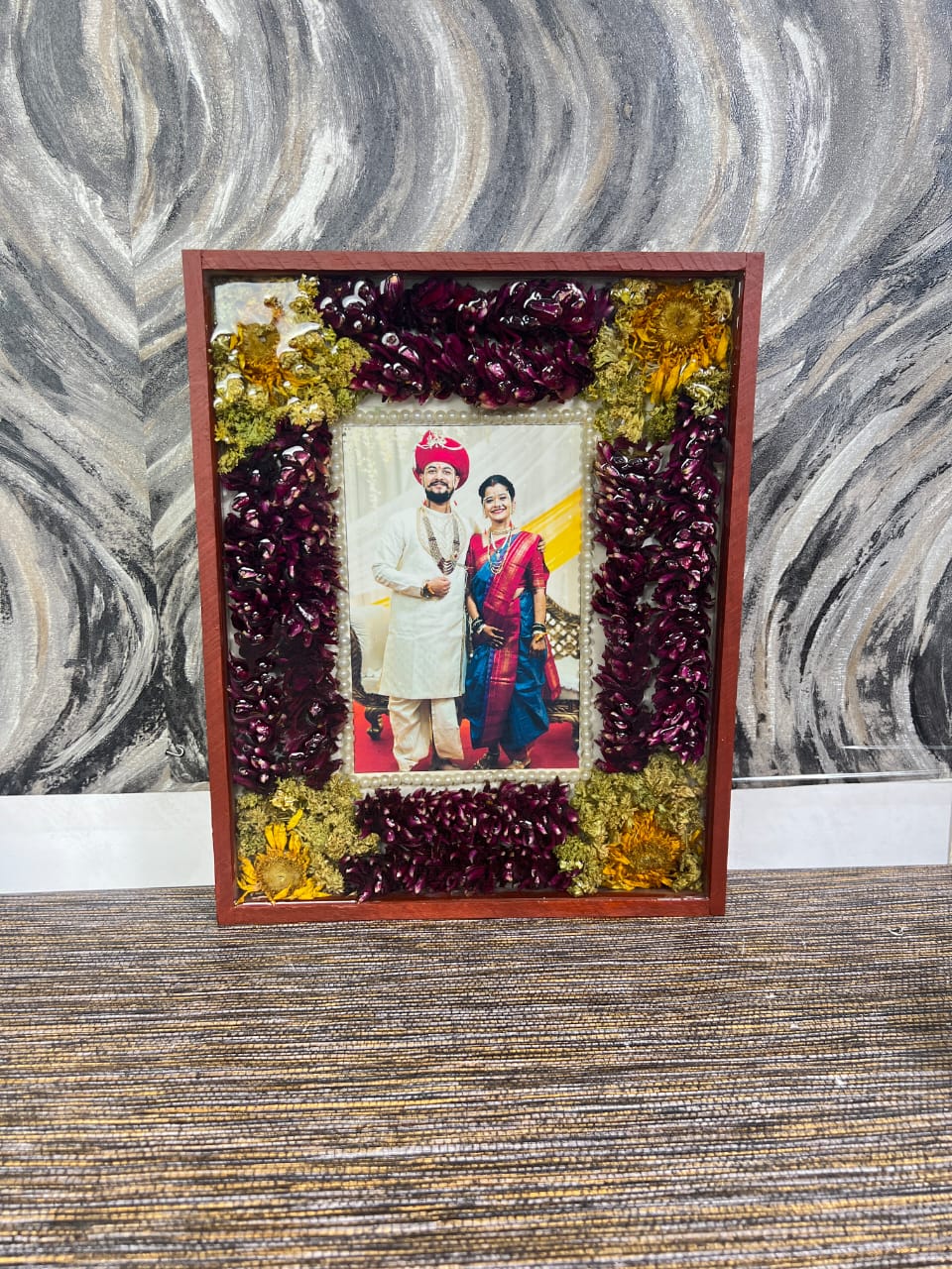 Teakwood Varmala Preservation frame with Photo