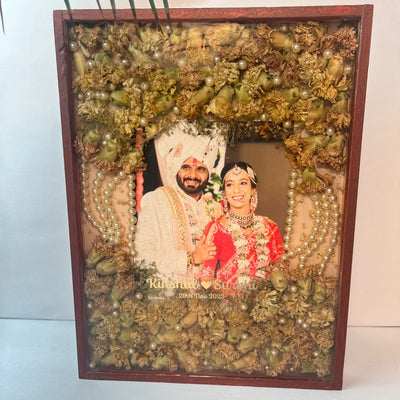 Teakwood Varmala Frame with Pearl Strings and Photo, 12x16 Inch