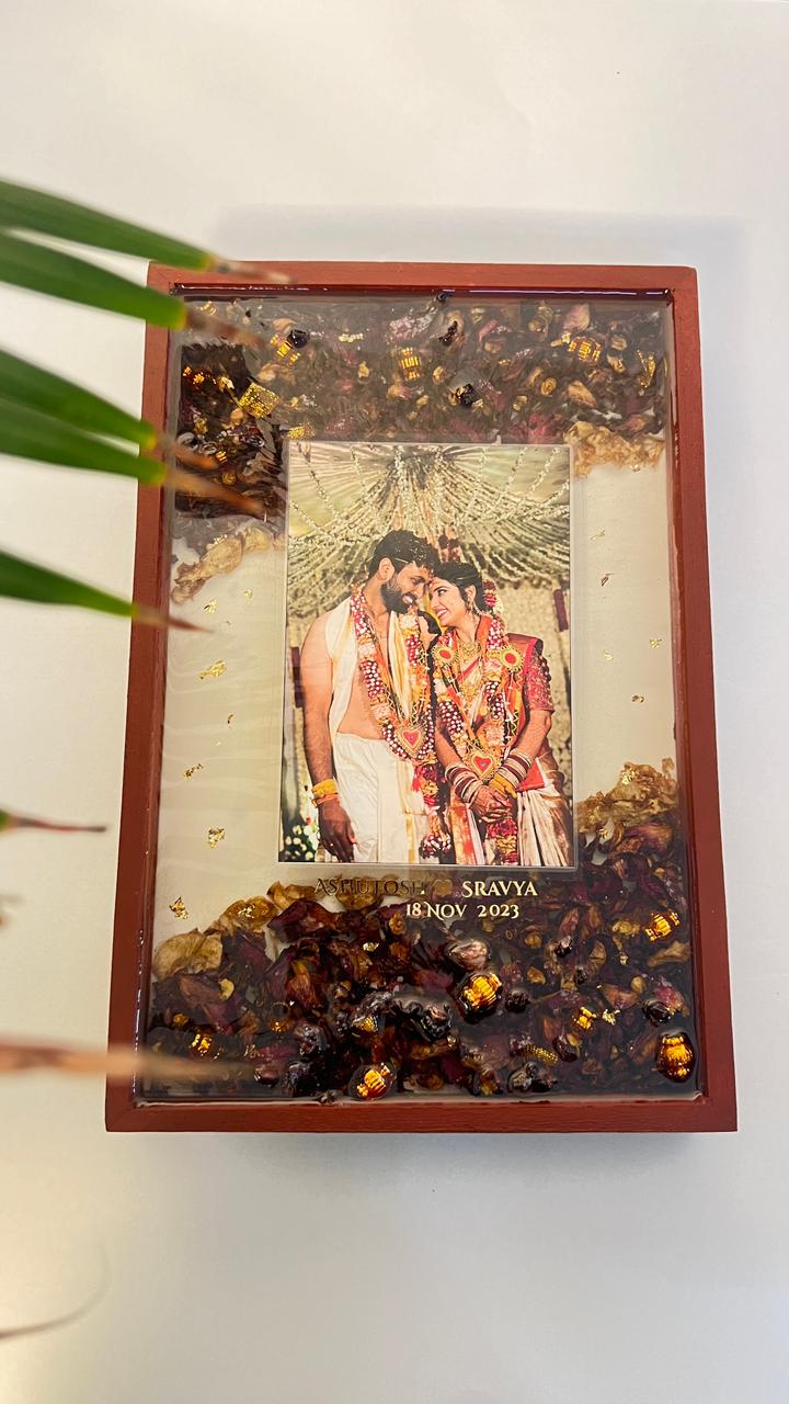 Teakwood 8 by 12 inch varmala preservation frame with photo