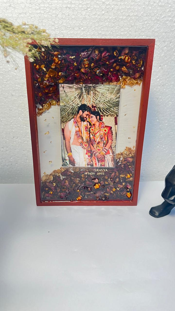 Teakwood 8 by 12 inch varmala preservation frame with photo