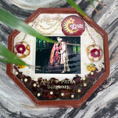 Octagon Wooden Varmala Photo Frame with Names and Date