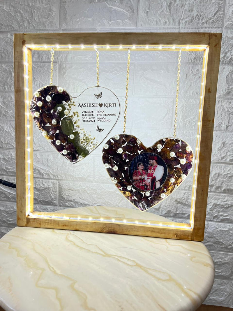 Beautiful dual heart hanging varmala preservation with led light connection lamp