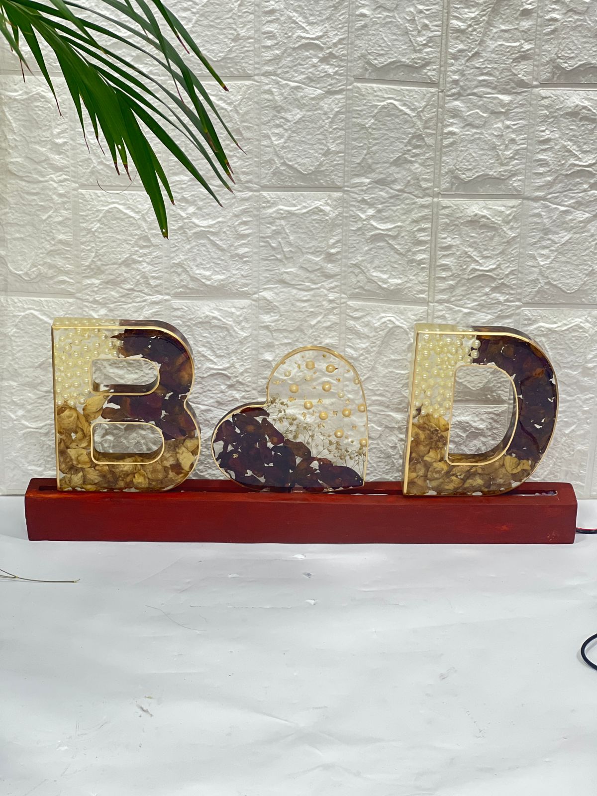Epoxy Resin Letter Frame with Wedding Flowers | Teakwood LED Base Resin Frame