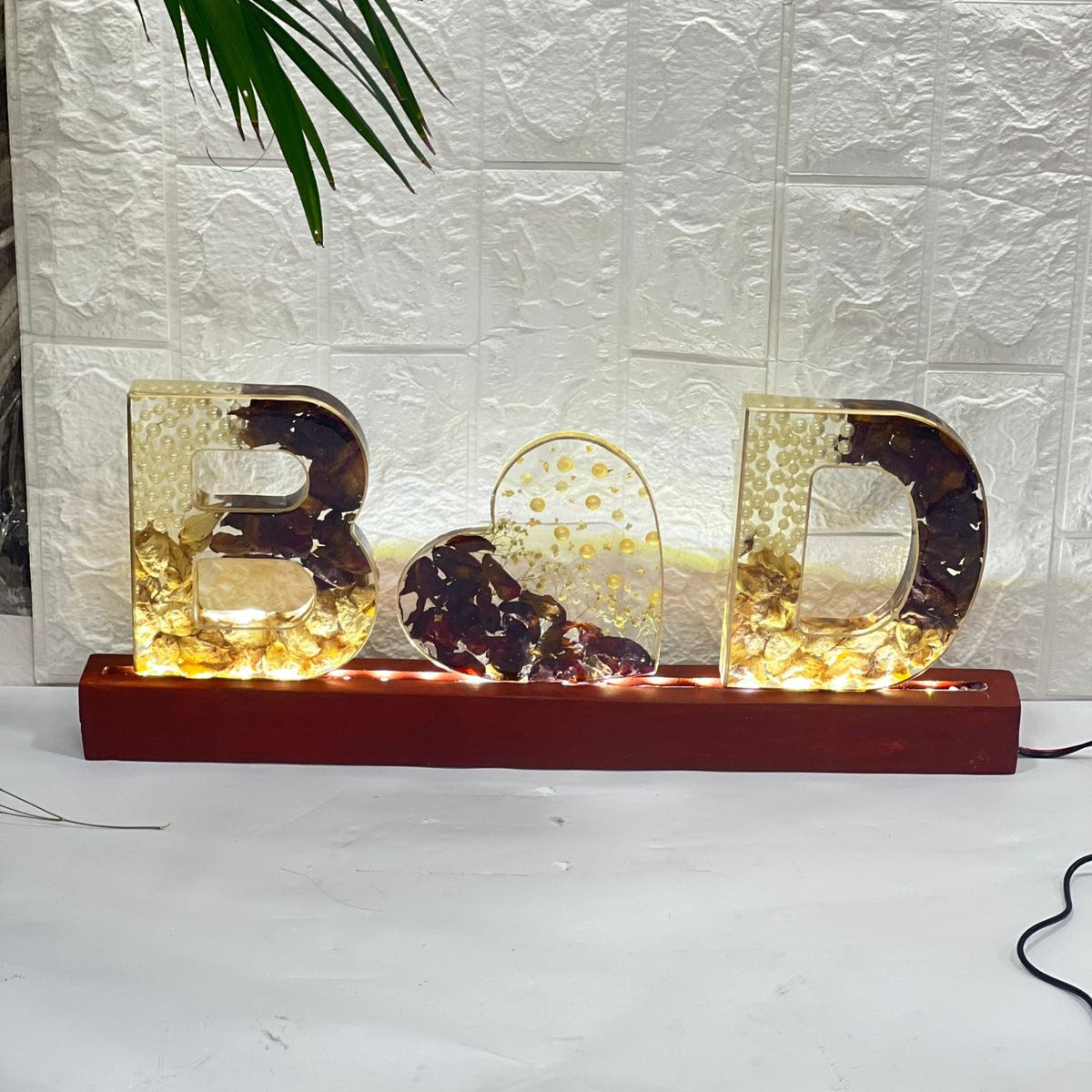 Epoxy Resin Letter Frame with Wedding Flowers | Teakwood LED Base Resin Frame