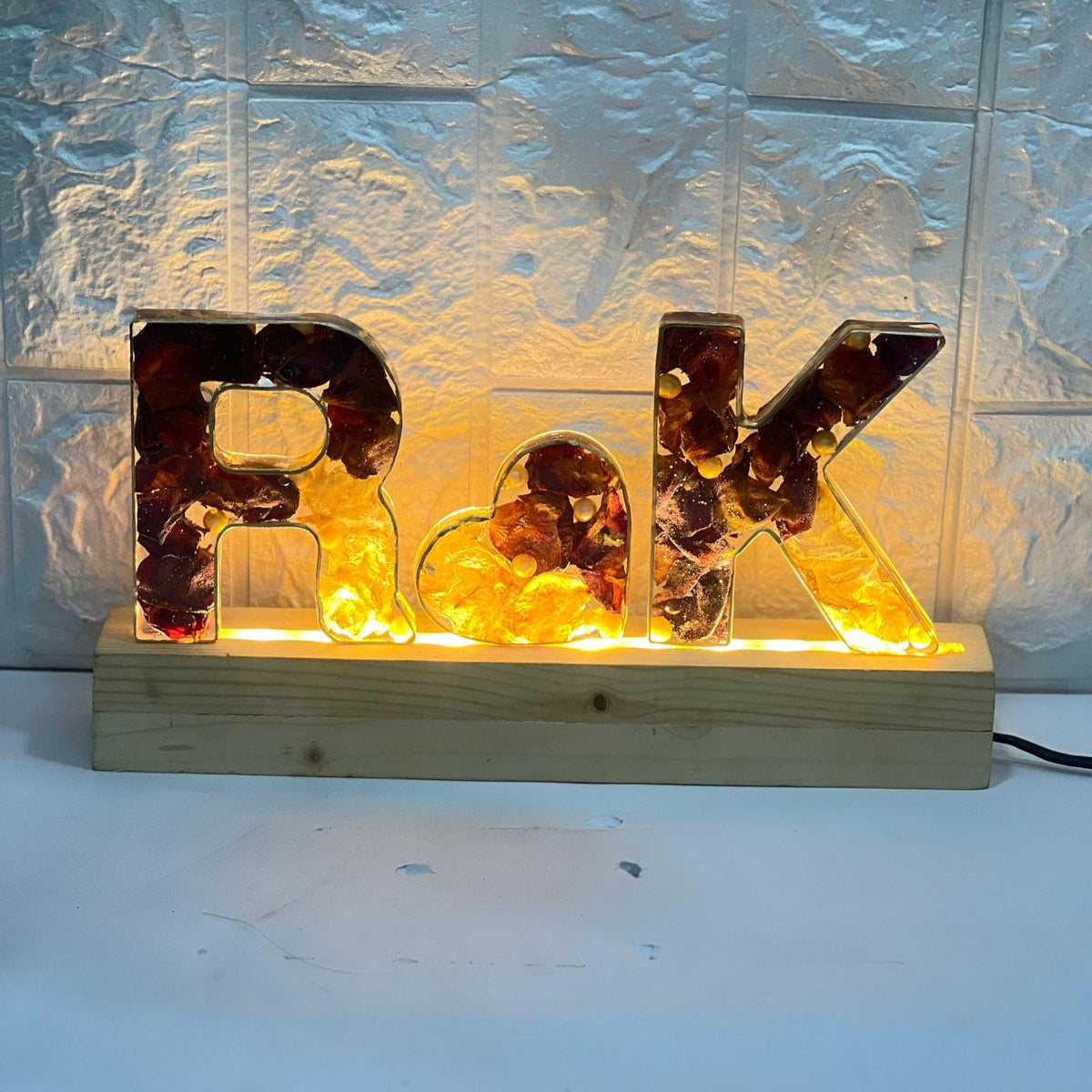 Initials LED lamp with varmala flowers, initials, maroon rose letters
