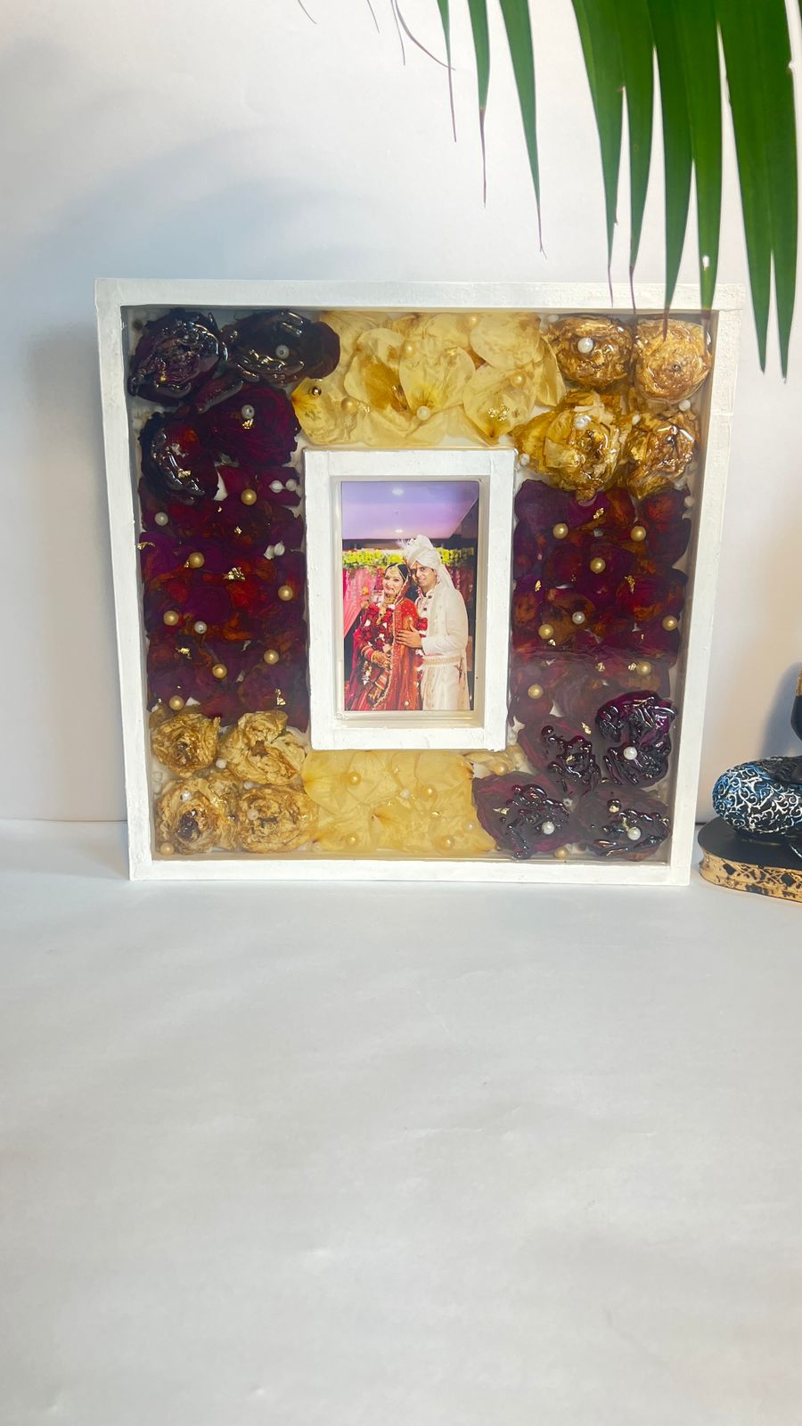 Dual Teakwood Varmala Flowers & Photo Preservation Resin Frame