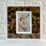 Teak wood varmala preservation frame, rectangle, gold flowers, white mount