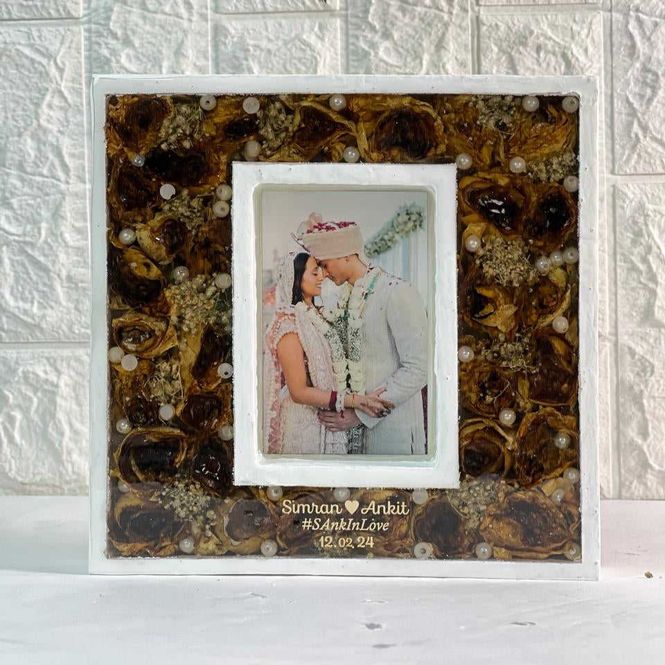 Teak wood varmala preservation frame, rectangle, gold flowers, white mount