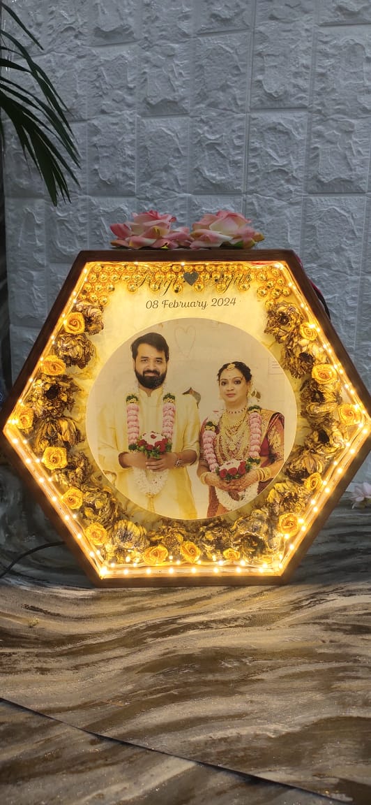 Teakwood Hexagonal LED Lamp with Preserved Garland Flowers