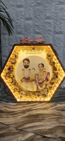 Teakwood Hexagonal LED Lamp with Preserved Garland Flowers