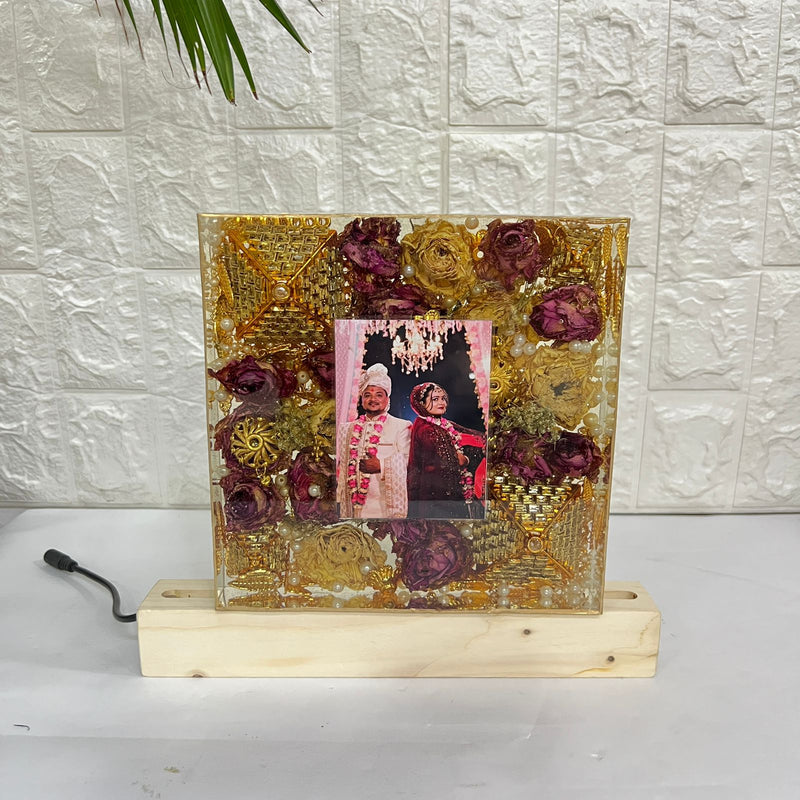 Beautiful Varmala Flower Preservation Frame on Wooden LED Base